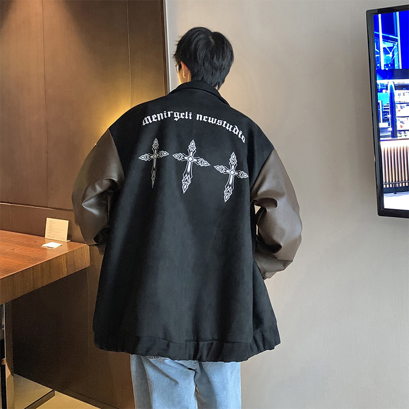 JK8817-P105控138360克抖音品春季美式复古麂皮绒拼皮夹克外套,男装夹克,电商A058-1（原电商C417）