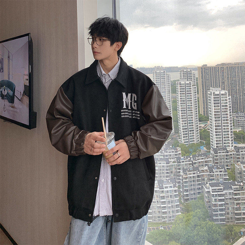 JK8817-P105控138360克抖音品春季美式复古麂皮绒拼皮夹克外套,男装夹克,电商A058-1（原电商C417）