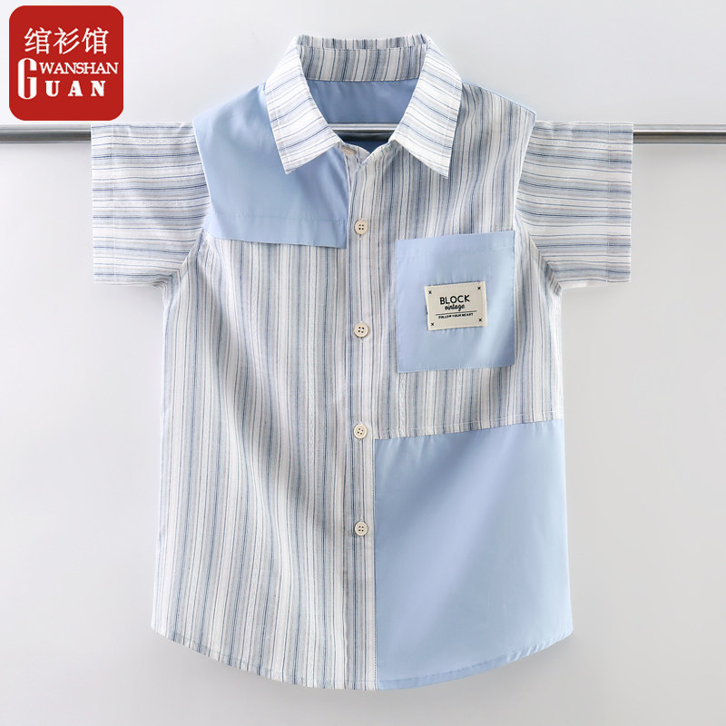 纯棉竖条纹短袖衬衫中大童男童图片