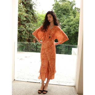 SUPERSCAPE素舶 垂顺透气印花V领搭片收腰衬衫连衣裙