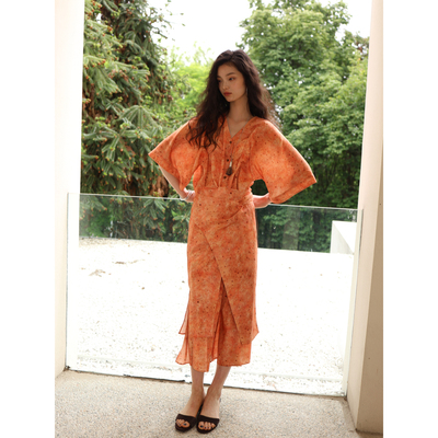 SUPERSCAPE素舶 垂顺透气印花V领搭片收腰衬衫连衣裙