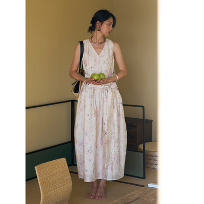 SUPERSCAPE素舶 亚麻皱感印花V领系带印花花苞连衣裙