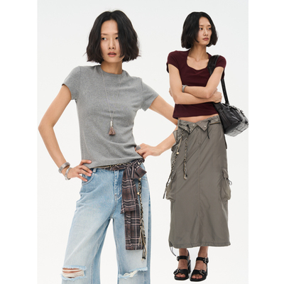 SUPERSCAPE素舶 夏季多色修身显瘦百搭圆领/方领短袖T恤上衣