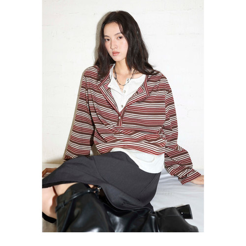 天丝羊毛亲肤假两件条纹针织T恤