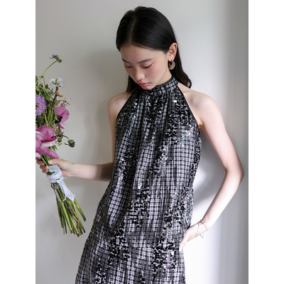 素舶 闪闪亮片挂脖小众设计感显瘦A版挂脖无袖上衣半裙