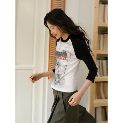 SUPERSCAPE素舶  圆领修身显瘦黑白拼接撞色中袖T恤