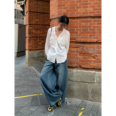 SUPERSCAPE素舶  微孔纱凉感面料法式上衣抽褶V领宽松衬衫女