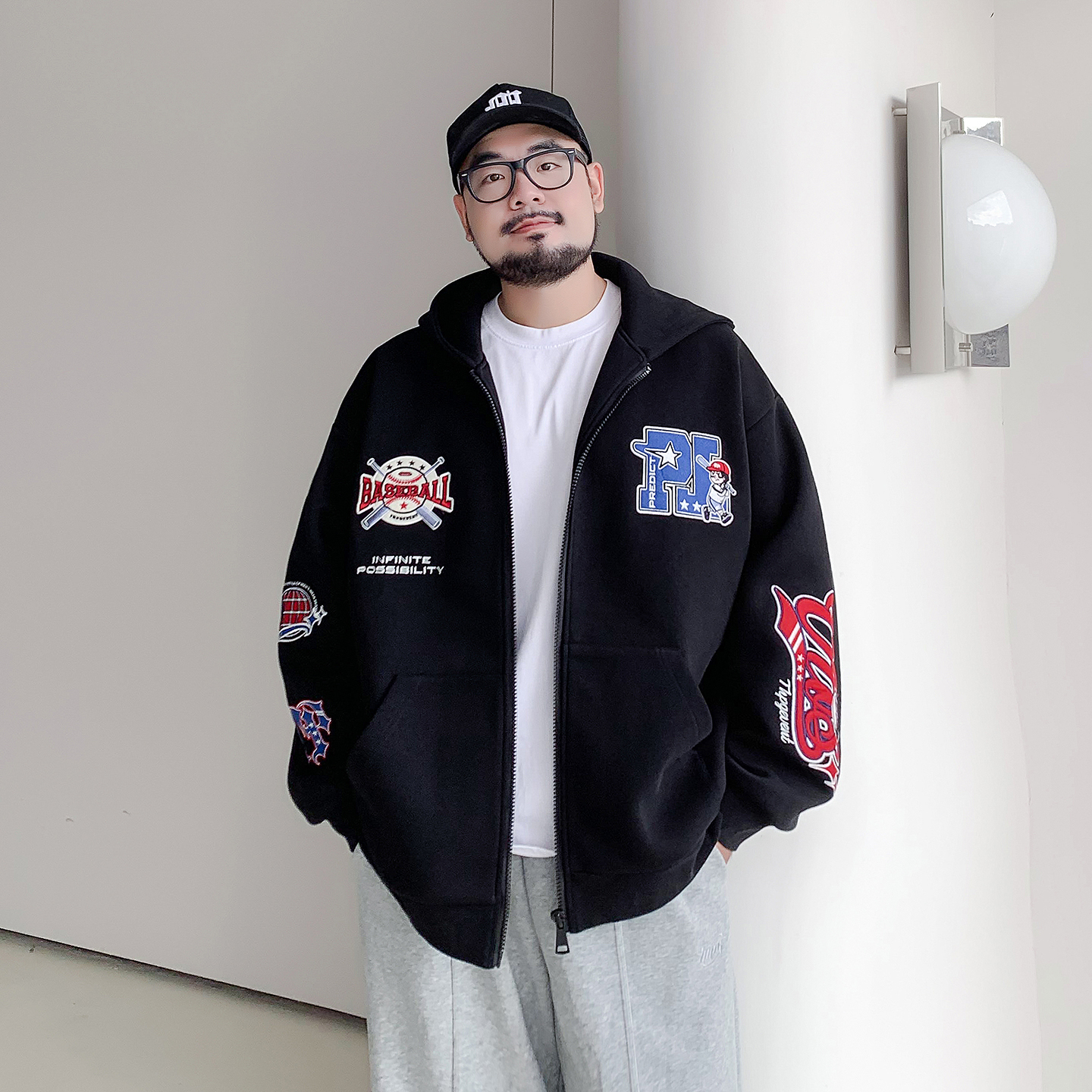 秋季胖子连帽外套男加肥加大开衫