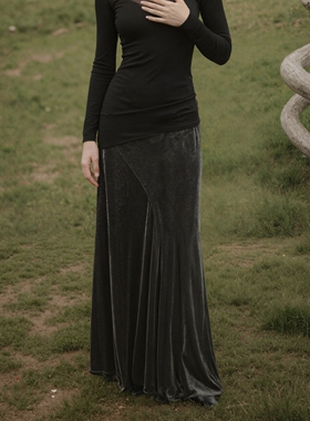 MSL丝绒长裙复古静奢优雅弧形分割鱼尾半裙女长款显瘦百搭新品