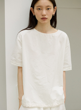 MSL白色棉麻水洗皱感宽松T恤圆领短袖下摆抽绳上衣2025年新款百搭