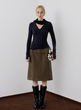 MSL秋季新款美拉德咖啡色麂皮绒腰带半裙女小众高级感显瘦短裙