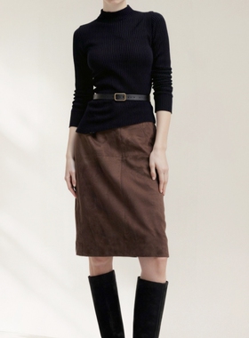 MSL通勤简约百搭直筒开叉麂皮大长腿秋冬季新款显瘦短半身裙子女