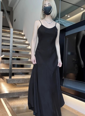 MSL黑色铜氨丝吊带连衣裙女内搭新款修身性感无袖法式优雅长裙