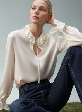 MSL醋酸缎感亲肤立体双层波浪领系带衬衫百搭衬衣显瘦设计感上衣