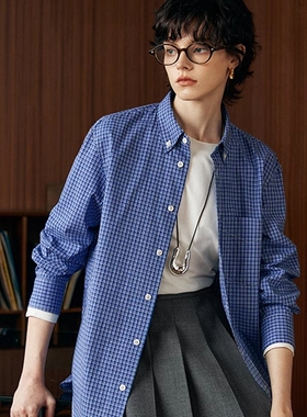 MSL知识分子MIU风蓝格子长袖衬衫女宽松显瘦复古100%棉叠穿上衣女