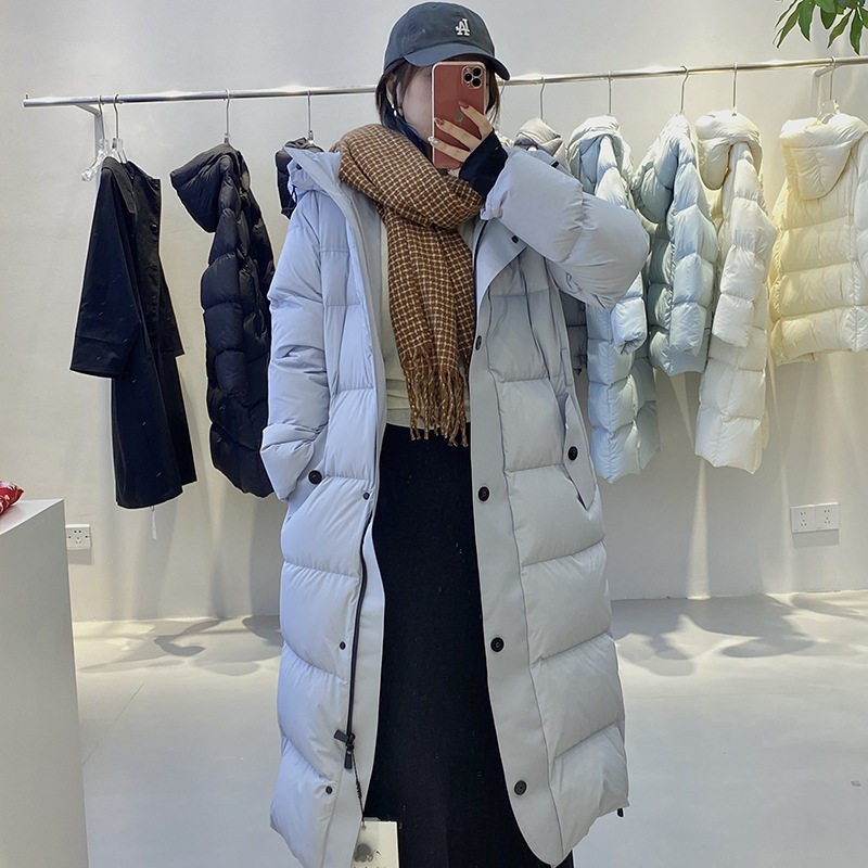 冬季新款加长羽绒服女韩系简约修身显瘦90白鸭绒女士连帽外套现货