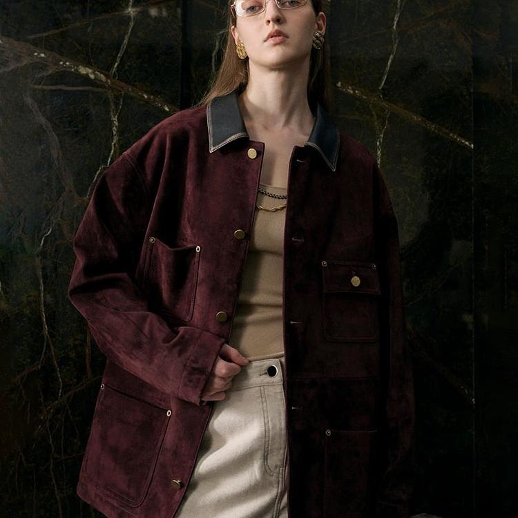 落肩复古山反绒山羊皮皮衣外套女