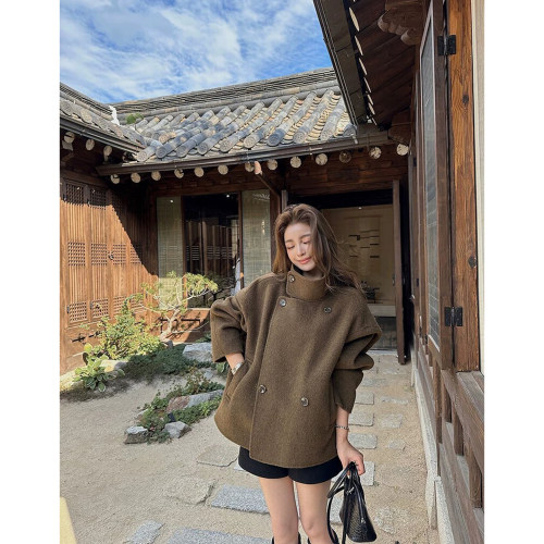 美拉德立领双面呢羊毛短款大衣女