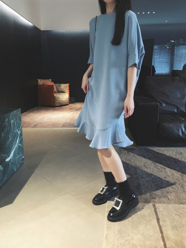 荷叶边宽松显瘦短袖真丝连衣裙女