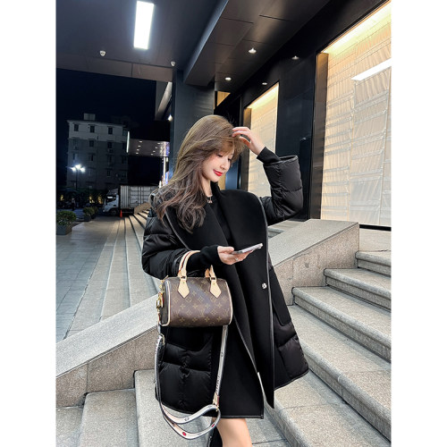 双面呢拼接鹅绒羽绒服女中长款