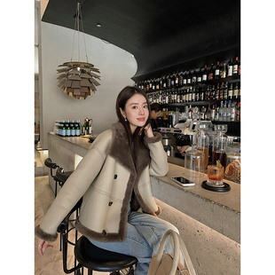 新款 真皮机车皮衣皮草美利奴皮毛一体外套女2025冬季 立领短款 韩版