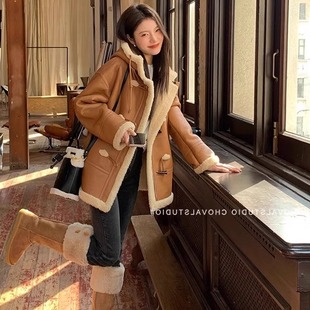 韩版连帽保暖羊羔毛皮毛一体年轻款皮草外套女小个子2025新款冬季