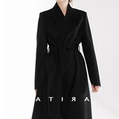 黑色收腰长款 羊毛呢外套 赫本风双面羊绒大衣女款 修身 型显瘦正肩款