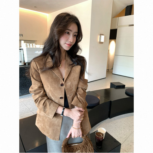 反绒羊皮复古短款西服外套女装