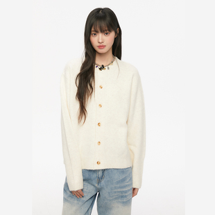 温柔慵懒风纽扣针织开衫 秋季 米白圆领简约休闲毛衣 ers联名款 Pink