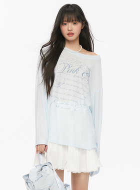 Pink ers 联名款夏季休闲宽松印花微透防晒罩衫薄款斜肩长袖上衣
