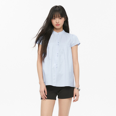 Pink ers联名款夏季小清新设计感小立领衬衫宽松飞袖捏褶衬衣女