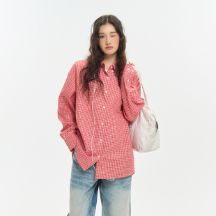 简约格纹减龄文艺学院风休闲百搭衬衫 Pink 新款 春季 女 ers联名款
