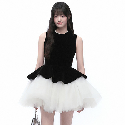 Pink ers联名款赫本千金风无袖丝绒拼接芭蕾裙高级感网纱蓬蓬裙