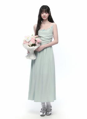 Pink ers联名款夏季度清凉假风连衣裙薄荷绿露背蝴蝶结吊带长裙