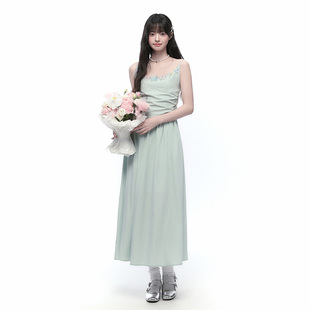 Pink ers联名款夏季度清凉假风连衣裙薄荷绿露背蝴蝶结吊带长裙