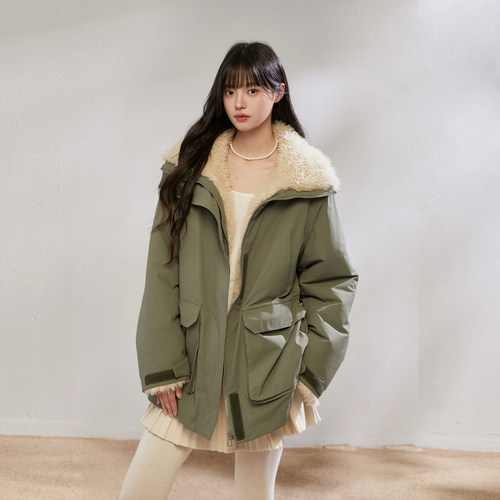 韩系毛绒拼接派克服女秋冬宽松