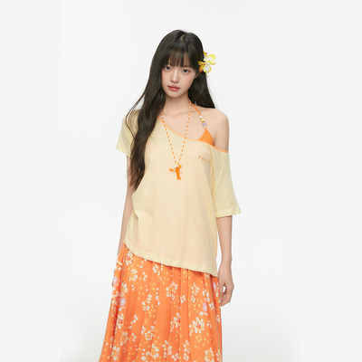 Pink ers联名款斜肩短袖T恤女夏季新款初夏穿搭气质显瘦圆领上衣