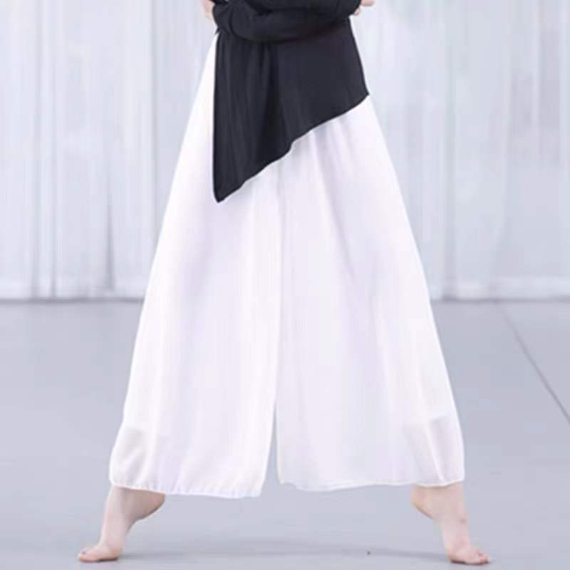 白色阔腿裤高腰古典舞蹈休闲双层雪纺宽松加大码垂坠感显瘦九分裤