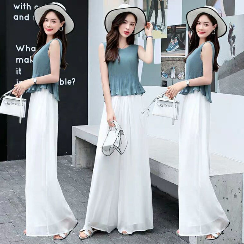 新款春夏薄款白色飘逸雪纺阔腿裤大码女装宽松韩版显瘦高腰长裤裙