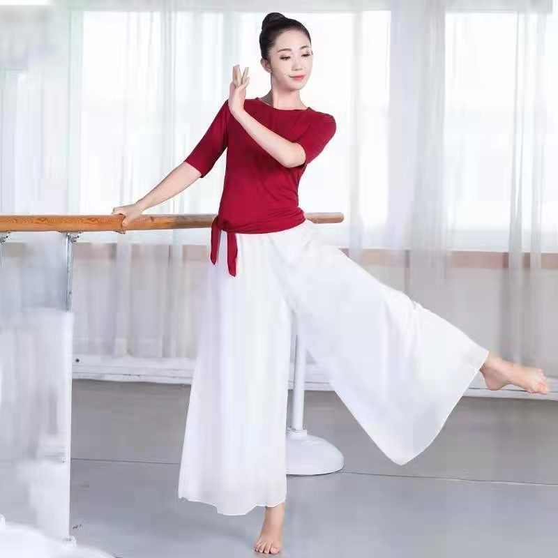 春夏新款舞蹈练功裤宽松飘逸双层黑色白色雪纺阔腿裤休闲裤裙显瘦