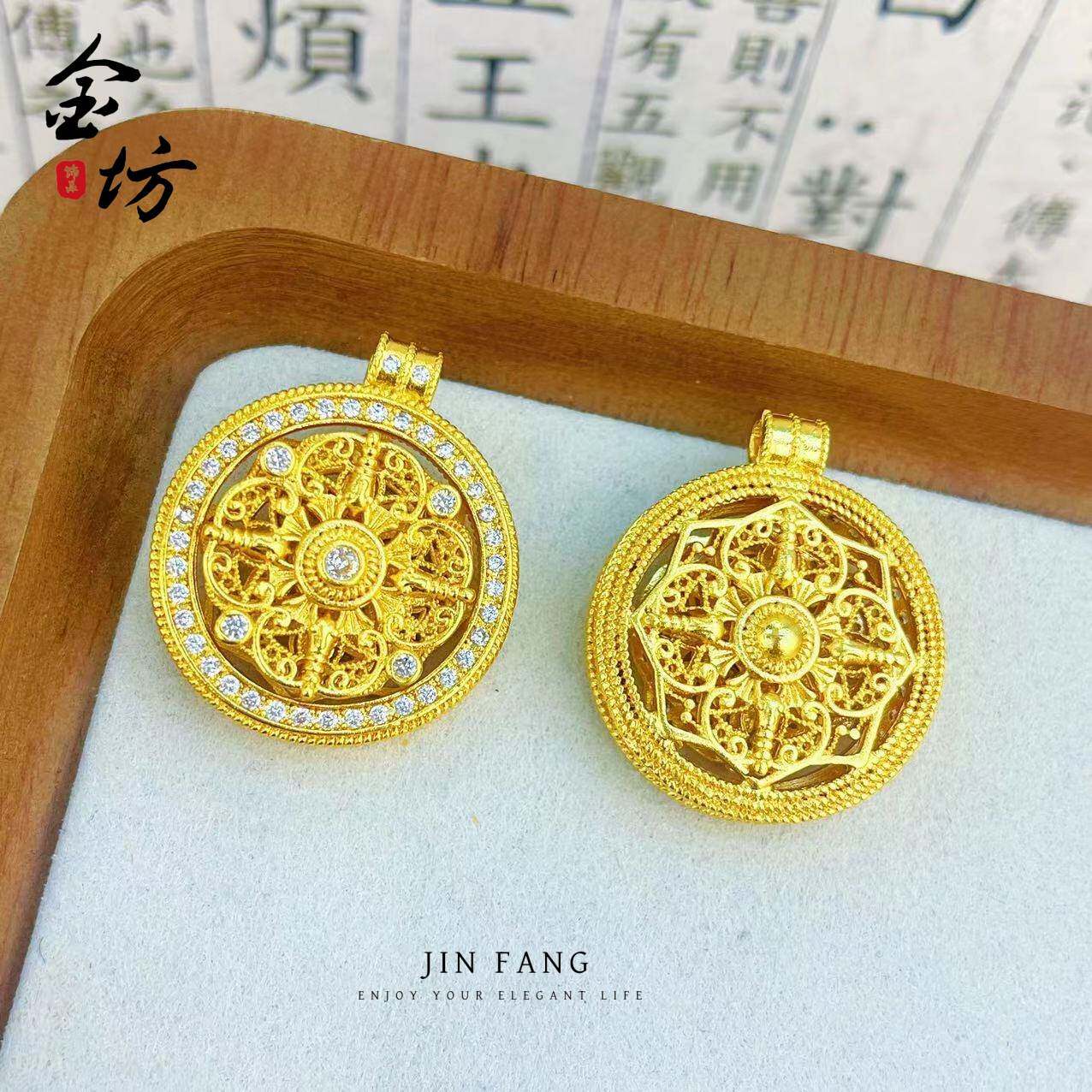 同款古法沙金镶聚福四方金刚杵转动八宝吊坠项链毛衣链