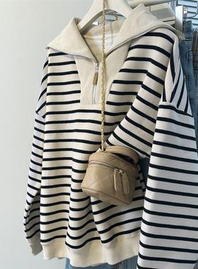 bf慵懒风条纹Polo翻领长袖卫衣女秋冬加绒韩版宽松休闲半拉链上衣