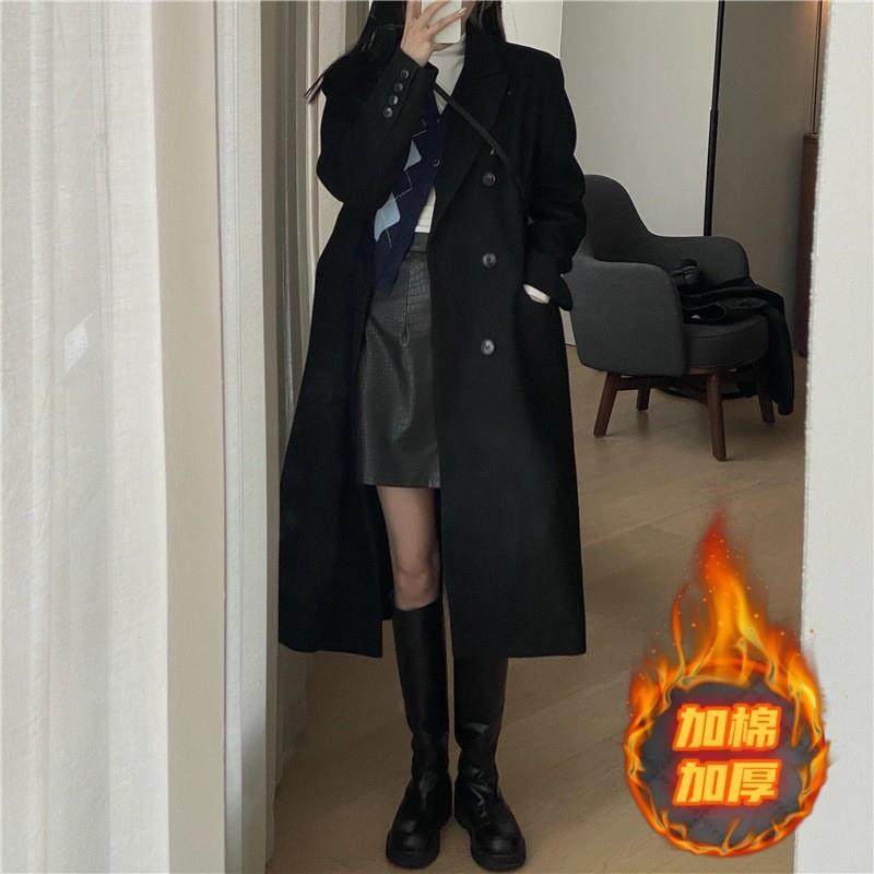 黑色毛呢外套女秋冬新款韩版过膝赫本风呢子加棉加厚大衣中长款