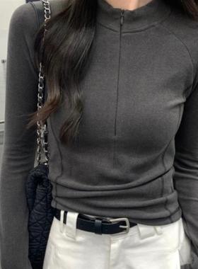 灰色半高领紧身德绒T恤女2025秋冬季新款修身内搭长袖打底衫上衣