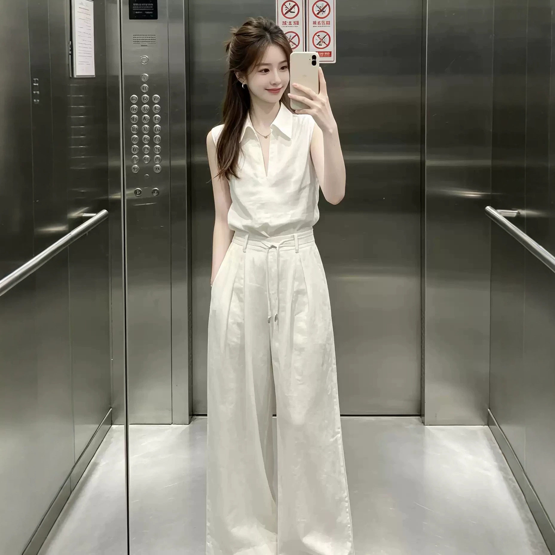 韩系巨好看穿搭一整套2026新款白色无袖上衣女夏季阔腿裤两件套装