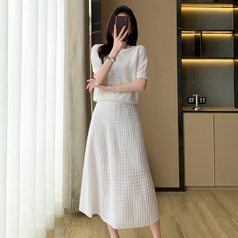 6918小香风高级感冰丝针织套装裙夏季新款提花镂空半身裙两件套女