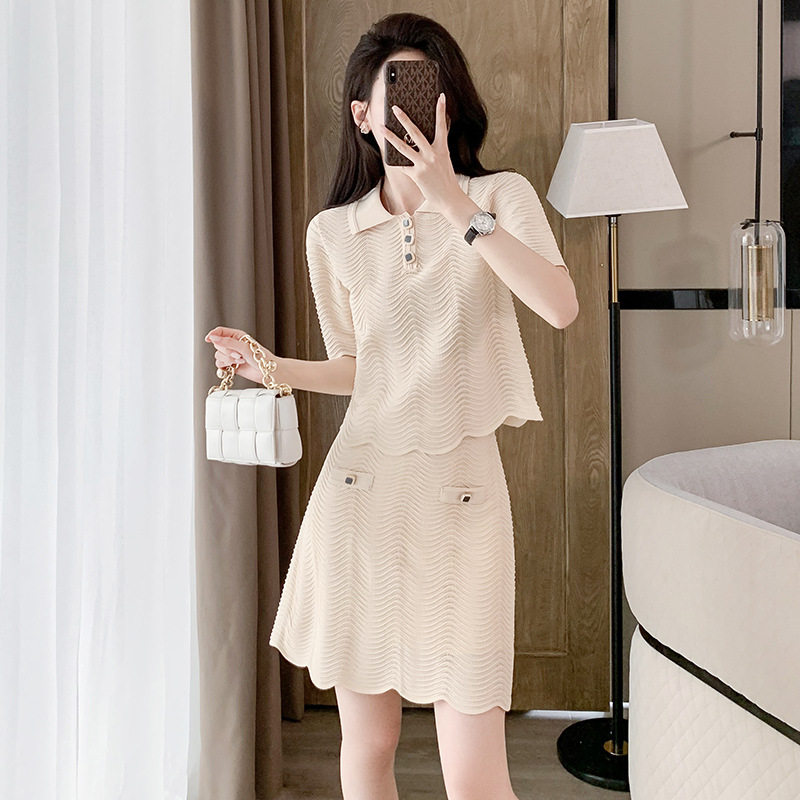 深圳南油女装时尚休闲套装女夏短袖A字冰丝针织两件套装裙小香风