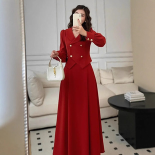 秋冬新款红色气质套装韩版修身收腰正式场合毛呢新娘回门服敬酒服