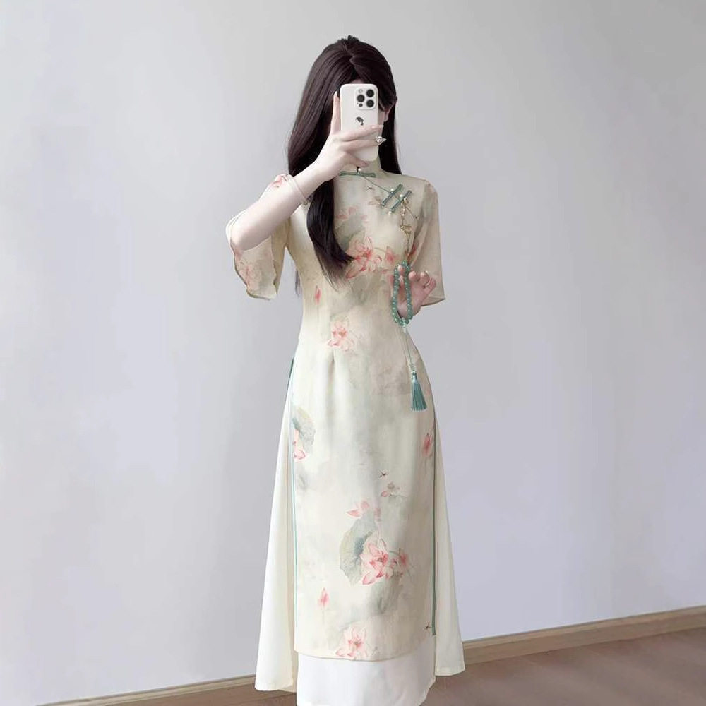 旗袍2026新款春夏奥黛少女年轻款改良新中式国风茶服民国风连衣裙