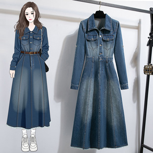 实拍好质量长袖牛仔连衣裙女春季大码胖MM宽松气质衬衫牛仔裙长裙